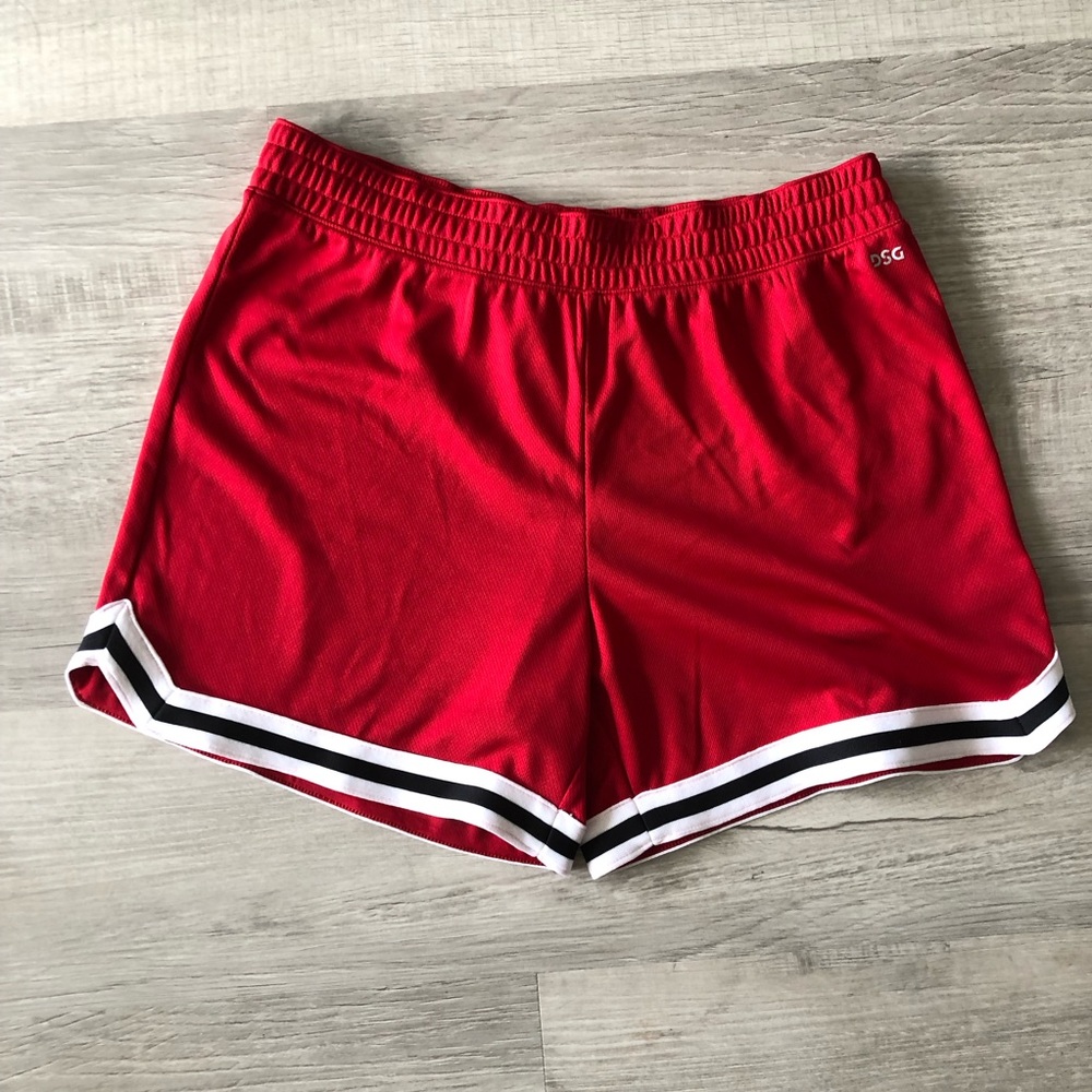 DSG Red Athletic Shorts with Black and White Striped Hem. Medium